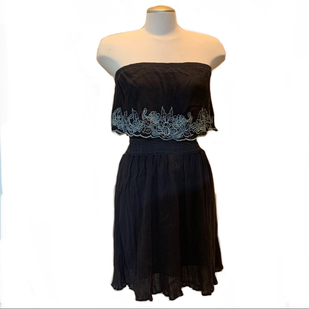 Buffalo David Bitton EUC Brown blue Embroidered Off Shoulder Dress Size Small